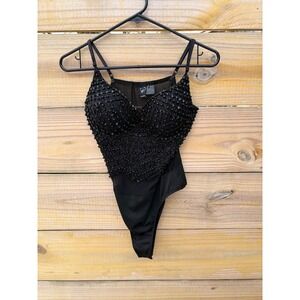 Windsor Black Beaded Sequin Lace Bodysuit DS4269A Mens Medium Glam Evening Top